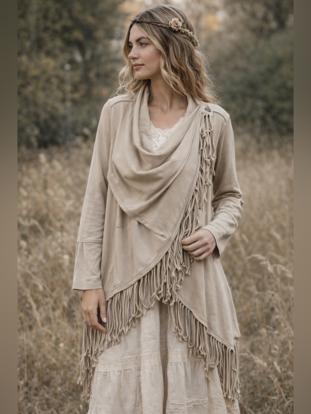 Gretty Zueger Gray Benny Cotton  Fringe Cardigan Boho Draped Open Front